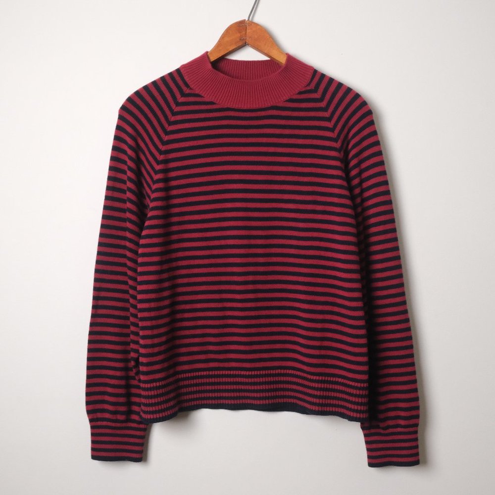 Everlane Women The Cotton Mockneck Sweater Navy Burgundy Stripes Size XL